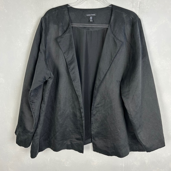 Eileen Fisher women size 1X open front jacket organic linen silk black w pockets - Picture 1 of 9